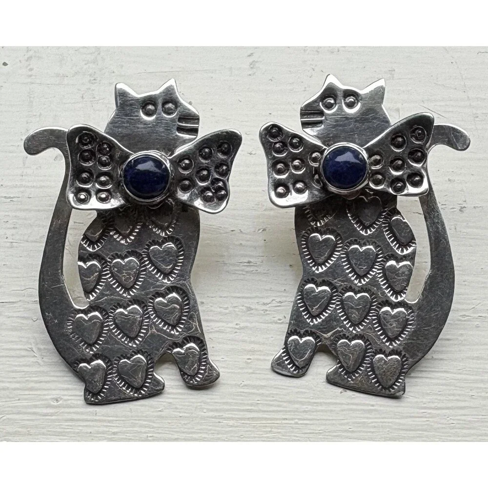 Grady Alexander Sterling Silver Lapis Cat Earrings Signed Vintage Southwest